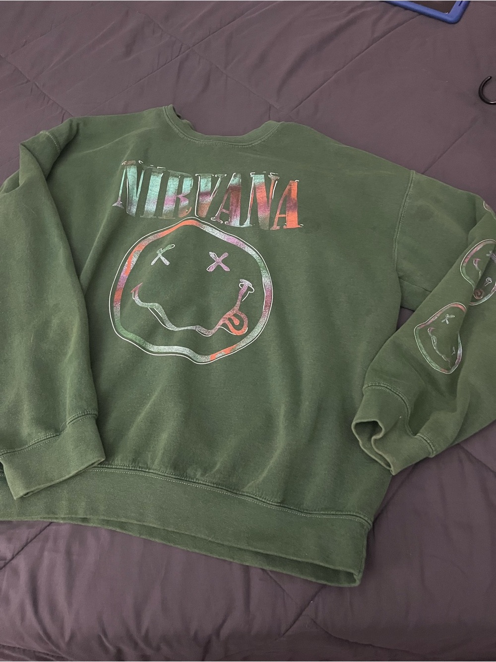 NIRVANA Olive Green Smiley Logo Crewneck